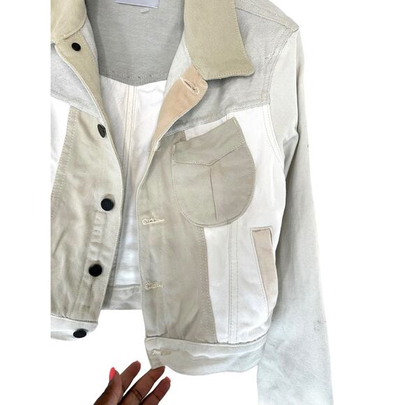 Triarchy Atelier Patchwork Denim Cream Colorblock Moto Denim Jacket Size Small - Picture 2 of 11